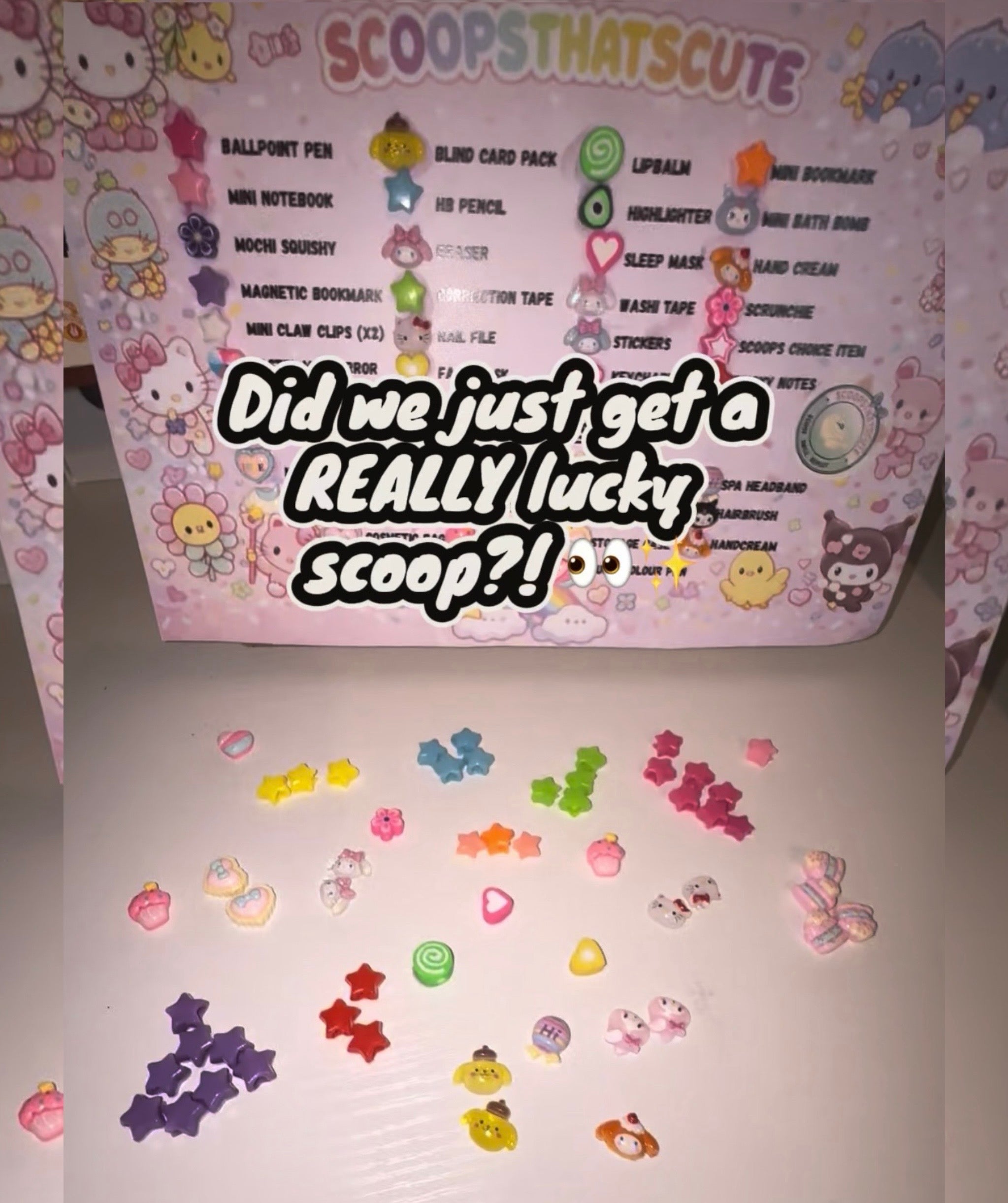 Load video: SCOOPSTHATSCUTE kawaii mystery scoop reveal showing colourful charms and beads from a lucky scoop.
